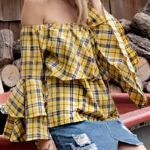 Tops - MUSTARD PLAID PRINT TOP Tops - MUSTARD PLAID PRINT TOP